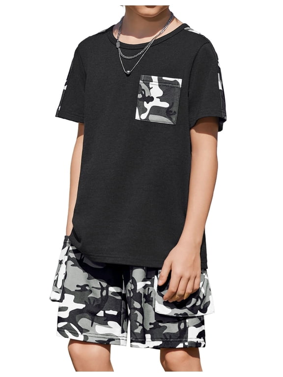 Boys 2-Piece Camo Stitching Outfit Short Sleeve Cotton T-Shirt & Camo Shorts Set Kids Summer Clothes Boys Outfit 6-14 Years