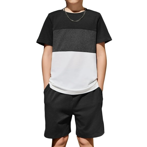 Arshiner Boys' 2-Piece Cotton Outfit Color Block T-Shirt and Shorts Set Casual Summer Clothes for Kids