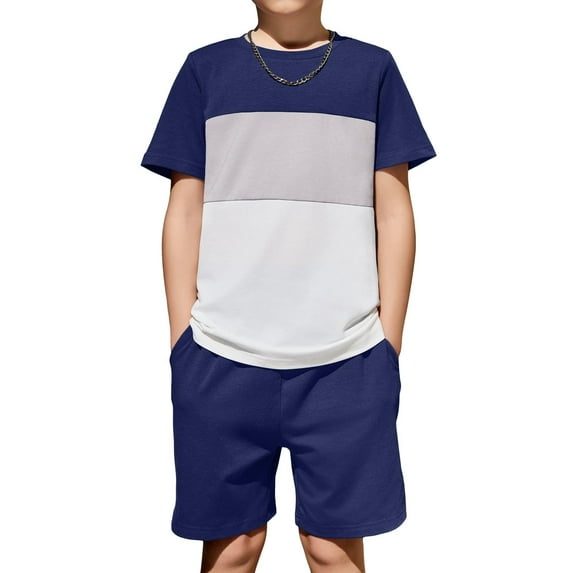 Arshiner Boys 2 Piece Summer Outfits Navy & Grey Colorblock Top and Shorts Set 9-10 Years
