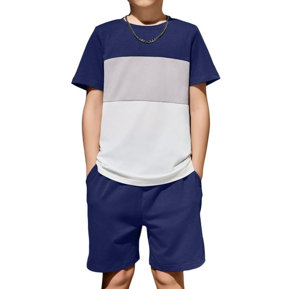 Arshiner Boys 2 Piece Summer Outfits Navy & Grey Colorblock Top and Shorts Set 9-10 Years