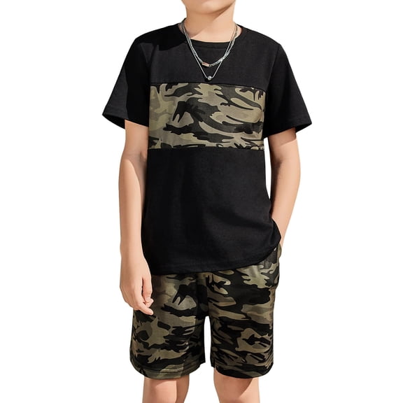 Arshiner Boys Camo Print Short Sleeve T Shirt and Shorts Set 2-Piece Black Outfit for Kids 9-10 Years