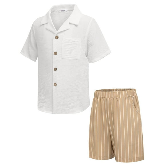 Arshiner Boys 2 Pieces Summer Beach Outfits Short Sleeve Button Down Shirts and Shorts Vacation Texture Sets for Kids