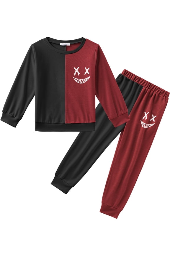 Boys Cartoon Face Print Two Tone Crewneck Sweatshirt and Pants Set Tracksuits Outfits