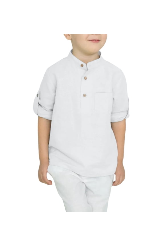Boys Cotton Linen Henley Shirt Button Down Shirt Long Sleeve T Shirt Casual Solid Tops