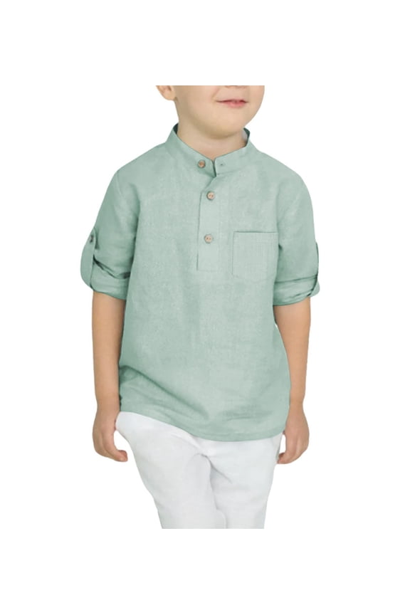 Boys Cotton Linen Henley Shirt Button Down Shirt Long Sleeve T Shirt Beach Shirt Tee Casual Solid Tops