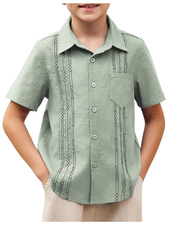 Boys Cuban Guayabera Shirt Cotton Linen Button Down Shirt with Pocket