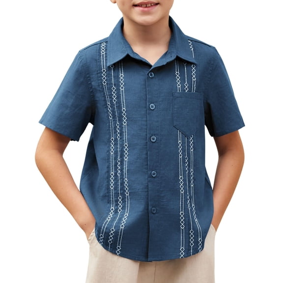 Arshiner Boys Cuban Guayabera Shirt Cotton Linen Button Down Shirt Light Blue 9-10 Years
