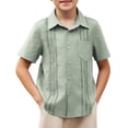 thumbnail image 1 of Arshiner Boys Cotton Linen Cuban Guayabera Shirt Short Sleeve Button Down Shirt Greeen 5-6 Years, 1 of 9