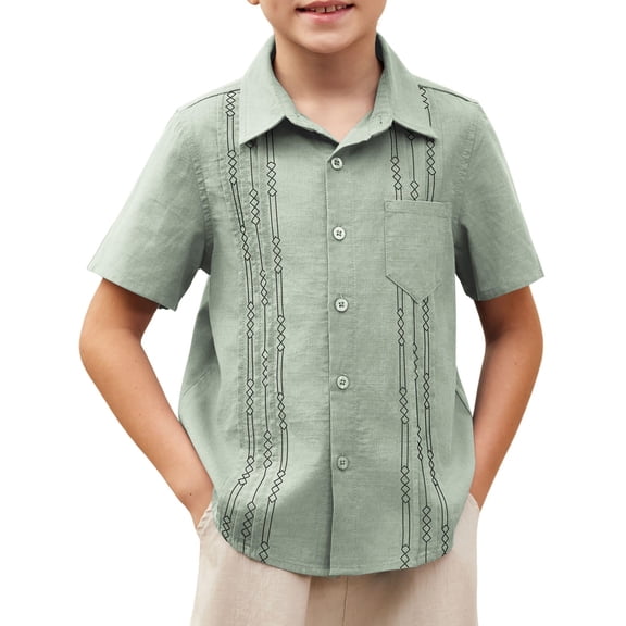 Arshiner Boys Cotton Linen Cuban Guayabera Shirt Short Sleeve Button Down Shirt Greeen 9-10 Years