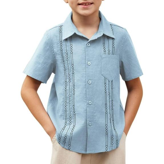 Arshiner Boys Cuban Guayabera Shirt Cotton Linen Button Down Shirt Light Blue 9-10 Years