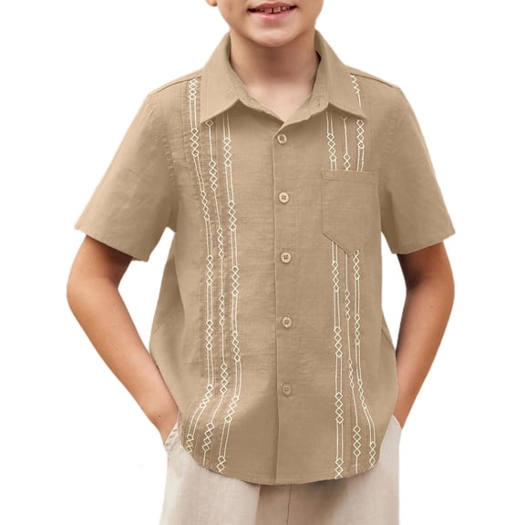 Arshiner Boys Cuban Guayabera Shirt Cotton Linen Button Down Shirt Light Blue 9-10 Years