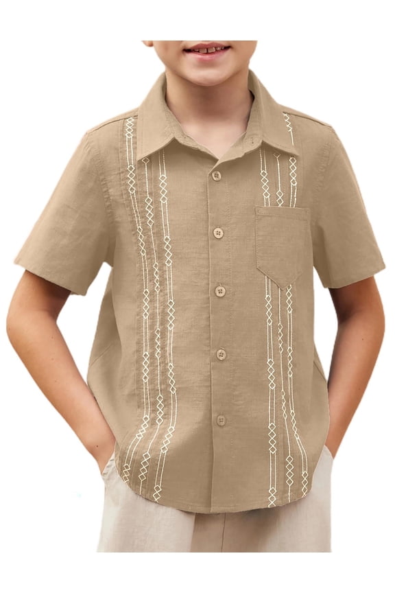 Boys Cuban Guayabera Shirt Cotton Linen Button Down Shirt Light Blue 9-10 Years