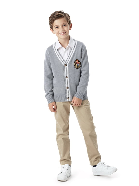 Boys Girls School Uniform Cardigan Sweater Soft V-Neck Preppy Knit Outerwear, Embroidered Badge, Unisex Anti-Pill Long Sleeve Button Uniform Cardigan 3-10Y