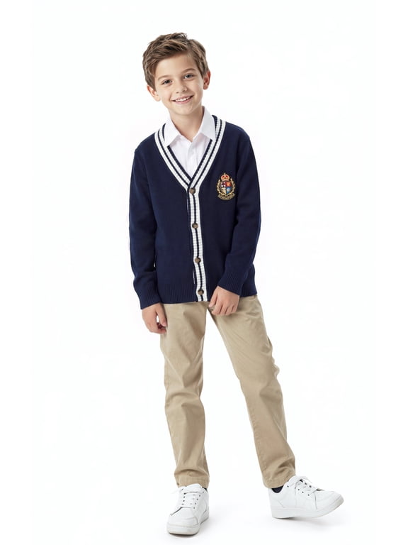 Boys Girls School Uniform Cardigan Sweater Soft V-Neck Preppy Knit Outerwear, Embroidered Badge, Unisex Anti-Pill Long Sleeve Button Uniform Cardigan 3-10Y
