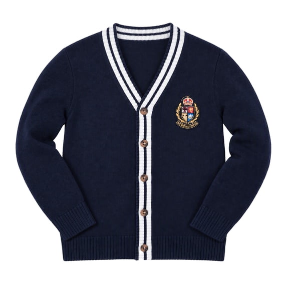 Arshiner Boys Girls School Uniform Cardigan Sweater Soft V-Neck Preppy Knit Outerwear, Embroidered Badge, Unisex Anti-Pill Long Sleeve Button Uniform Cardigan 3-10Y