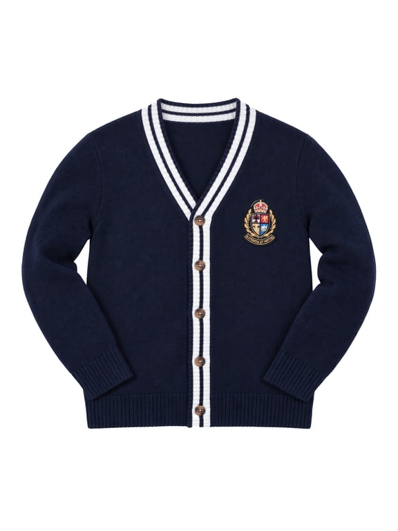 Boys Girls School Uniform Cardigan Sweater Soft V-Neck Preppy Knit Outerwear, Embroidered Badge, Unisex Anti-Pill Long Sleeve Button Uniform Cardigan 3-10Y