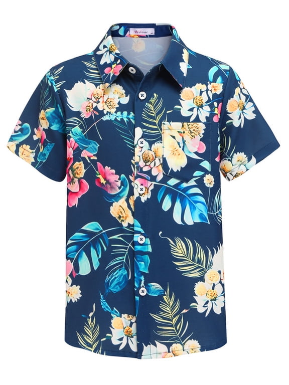 Boys Hawaiian Tropical Short Sleeve Button Down Shirt for 4-14 Y | Kid Summer Casual Floral Beach Shirts with Chest Pocket for School Vacation