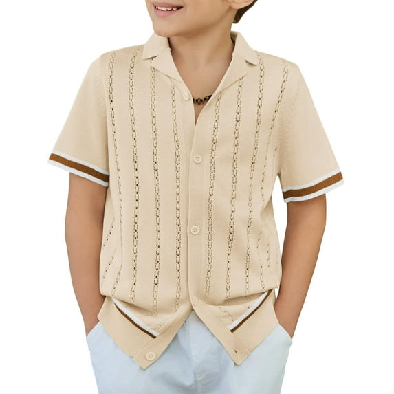 Arshiner Boys Knit Shirts Short Sleeve Button Down Shirt Vintage Fashion Casual Summer Beach Shirts for Kids 5-13 Years