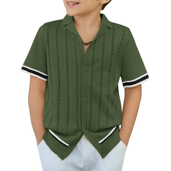 Arshiner Boys Knit Shirts Short Sleeve Button Down Shirt Vintage Fashion Casual Summer Beach Shirts for Kids 5-13 Years
