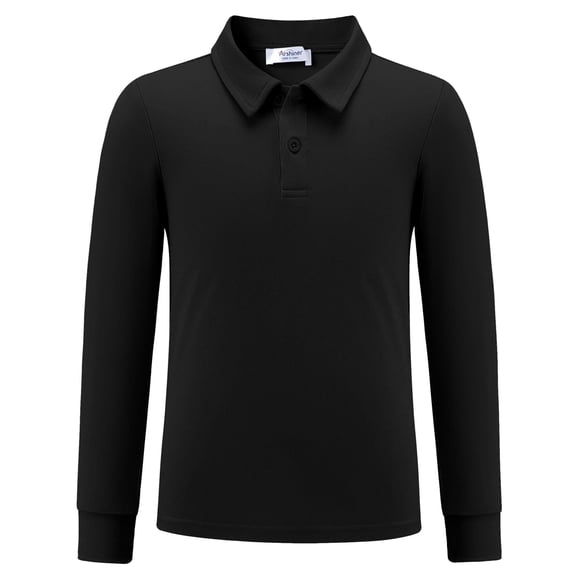 Arshiner Boys Long Sleeve Polo Shirt Performance School Uniform Pique Button Closure Shirt Black 11-12 Years 140 Black