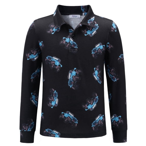 Arshiner Boys Long Sleeve Polo Shirt Performance School Uniform Pique Button Closure Shirt Black 9-10 Years