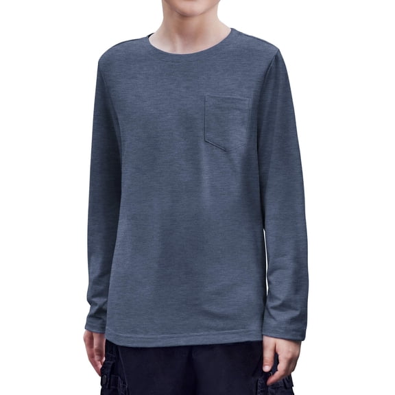 Arshiner Boys Long Sleeve Shirts Crewneck Casual Tshirts Solid Tees Tops with Chest Pocket for Kids 5-12 Years Army Green 160 Dark blue