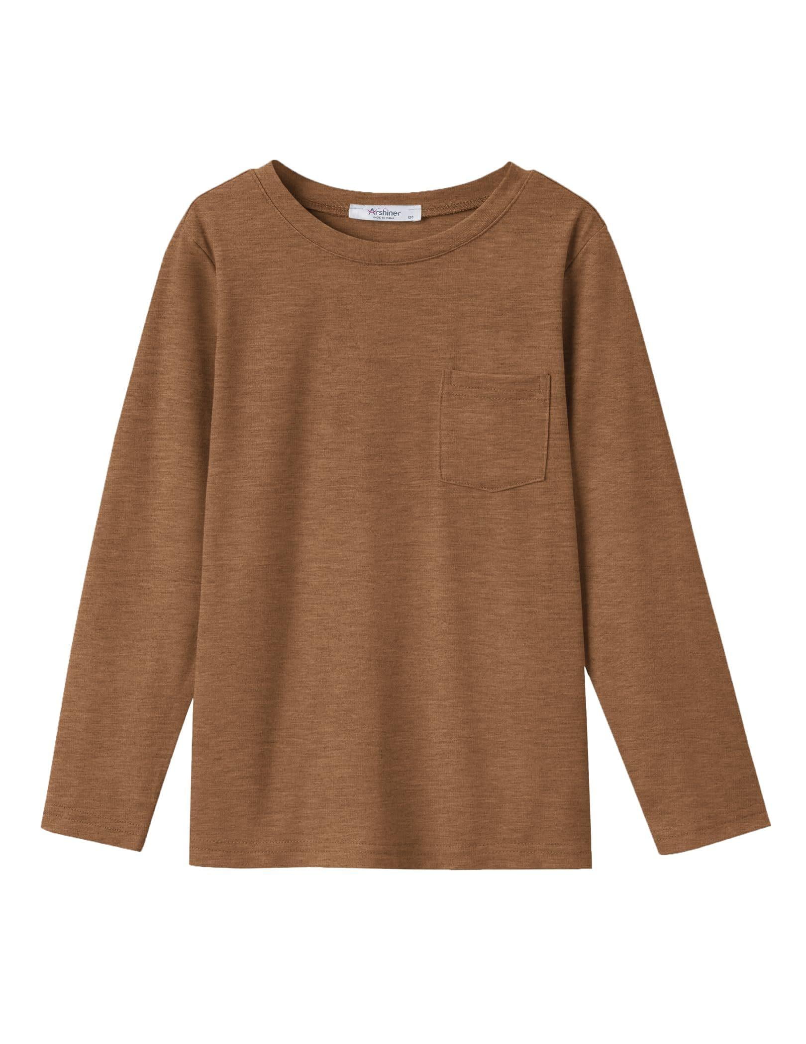 Arshiner Jongens T-shirt met lange mouwen effen kinderen casual T-shirts ronde hals tops herfst winter basic vrije tijd T-shirts met borstzak 5-12 jaar, Kaki, 140