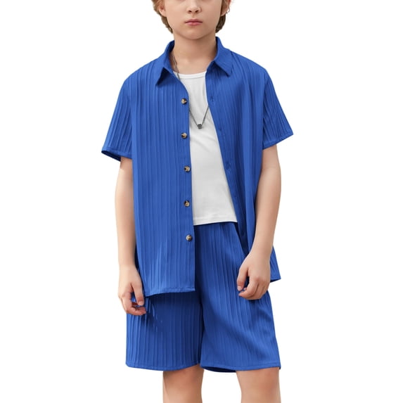 Arshiner Boys Summer Beach Outfits 2 Piece Casual Button Down Shirt and Shorts Set Vacation Texture Sets