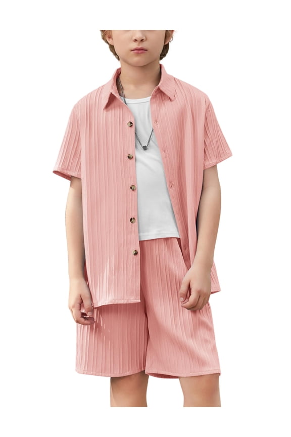 Boys Summer Beach Outfits 2 Piece Casual Button Down Shirt and Shorts Set Vacation Texture Sets