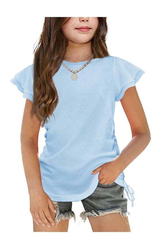 Cute Shirts for Girls Girls Summer Tops Short Sleeve Ruched Knot Side Casual Loose Spring and Summer Tops Tee Blouse Green 9-10 Years 12 Blue