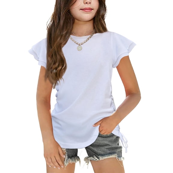 Arshiner Girls T Shirts Ruffle Short Sleeve Ruched Knot Side Tunic Blouse Summer Tee Tops