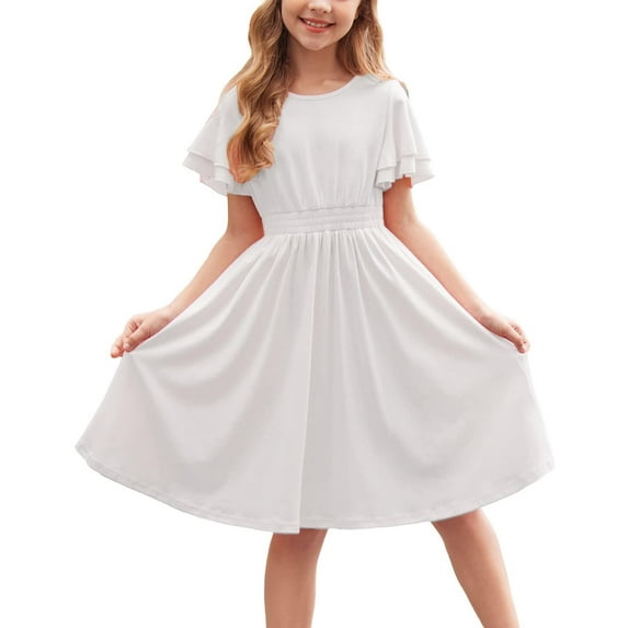 Arshiner Dress For Girls Plain Shirred High Waist Flowy Casual Party A Line Sundress (0-Pink, 11-12 Years)