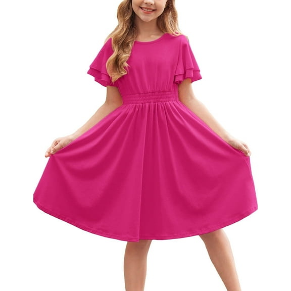 Arshiner Girls Dresses Summer Ruffle Sleeve Flowy Swing Elastic Waist Party Valentines' Day Dress for Kids