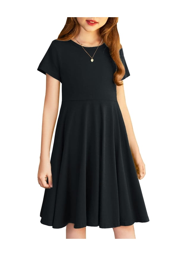Dress for Girls Summer Twirly T-shirt Dress Solid Basic Cotton Classic Pocket Holiday School Party Dress