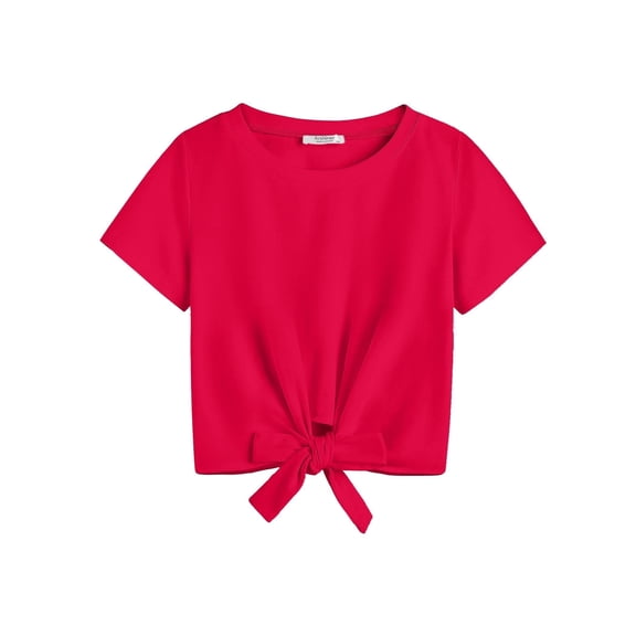 Arshiner Fashion Shirts For Girls Crewneck Summer Short Sleeve Kids Tee Shirts Girls Tie Knot Front Crop Girls Shirts Size 10-12 Years 140 Bright red