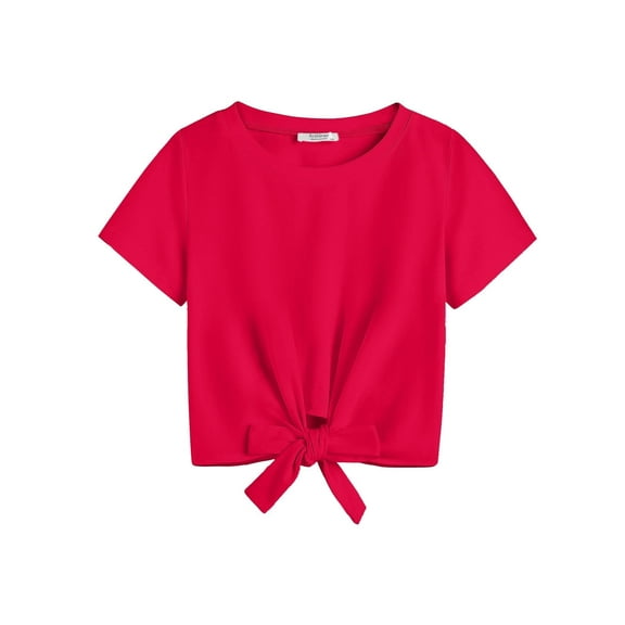 Arshiner Girls Red Shirts Crewneck Summer Short Sleeve Top for Girls Tie Knot Front Crop Kids Cute Shirts Size 9-10 Years