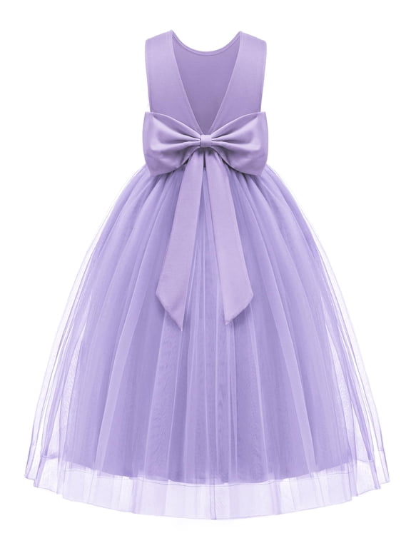 Flower Girl Dress V-Back Bowknot Formal Pageant Ball Gown Wedding Party Long Tulle Dresses