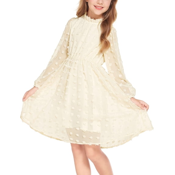Arshiner Flypigs Tween Girls Long Sleeve Fall Dresses Swiss Dot Casual Party Dress
