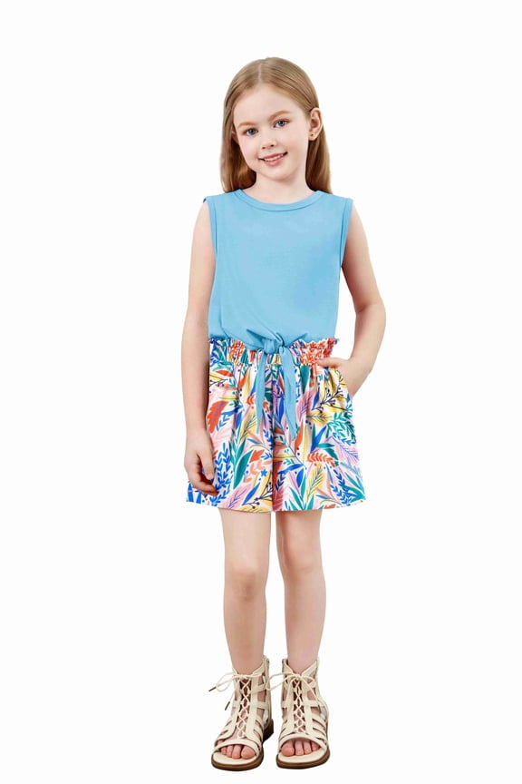 Girl's 2 Piece Summer Outfit Sleeveless T-Shirt and Hawaiian Tropical Boho Shorts
