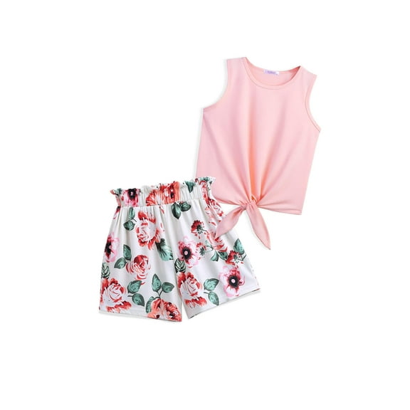 Arshiner Girl's 2 Piece Outfits Tie Knot Tank Top and Paperbag Waist Pocketed Summer Short Sets 13-14 Years
