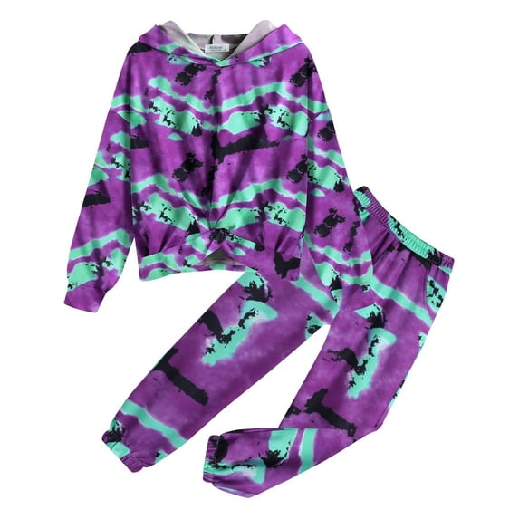 Arshiner Girl Pullover Set Sweatsuit Long Sleeve Tie Dye Twist Front Top Winter Fall Tracksuit Sweatpants Casual Size 10-12