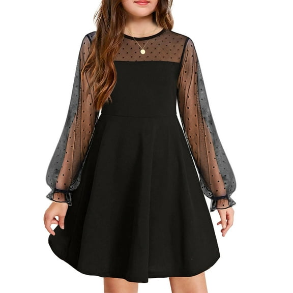 Arshiner Girl's Contrast Mesh Puff Long Sleeve High Waist A Line Black Short Dress with Pockets 11-12 Years