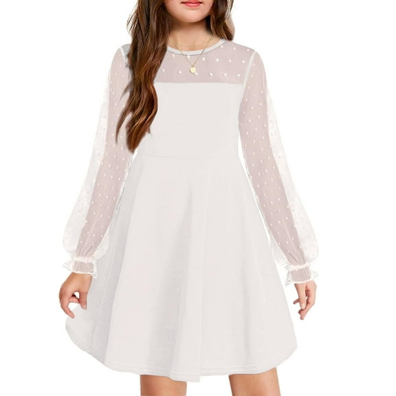 Arshiner Girl's Contrast Mesh Puff Long Sleeve High Waist A Line Black Short Dress with Pockets 11-12 Years