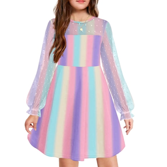 Arshiner Girl's Contrast Mesh Puff Long Sleeve High Waist A Line Black Short Dress with Pockets