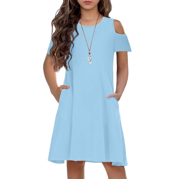 Arshiner Girls Summer Dress Short Sleeve Cold Shoulder Solid Color Swing Casual Dresses with Pockets