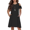 thumbnail image 1 of Arshiner Girl's Short Sleeve Casual Vintage Black Skater Party Dress with Pockets for 11-12 Years, 1 of 3