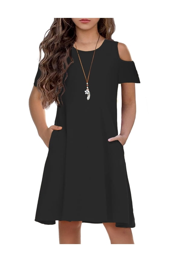 Girl's Short Sleeve Casual Vintage Black Skater Party Dress with Pockets for 11-12 Years