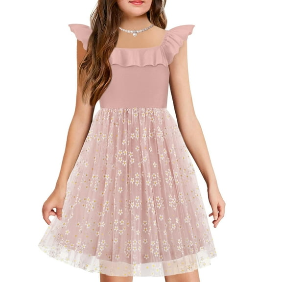 Arshiner Girl's Short Sleeve Dress Ruffle Off Shoulder Knee Length Tulle Cute Pink Princess Dresses