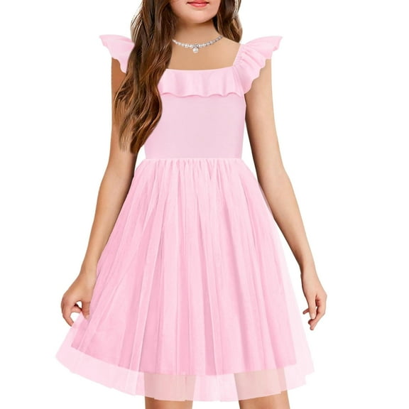 Arshiner Girl's Short Sleeve Dress Ruffle Off Shoulder Knee Length Tulle Cute Pink Princess Dresses