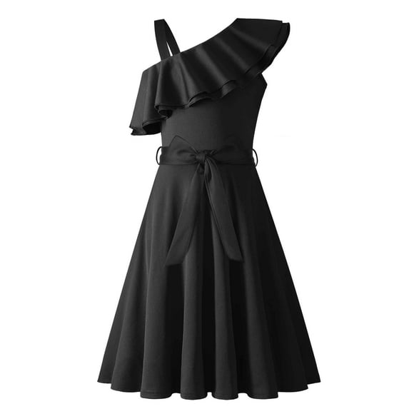 Arshiner Girls Dress One Shoulder Formal Ruffle Trim Birthday Party Dresses with Belted Pockets